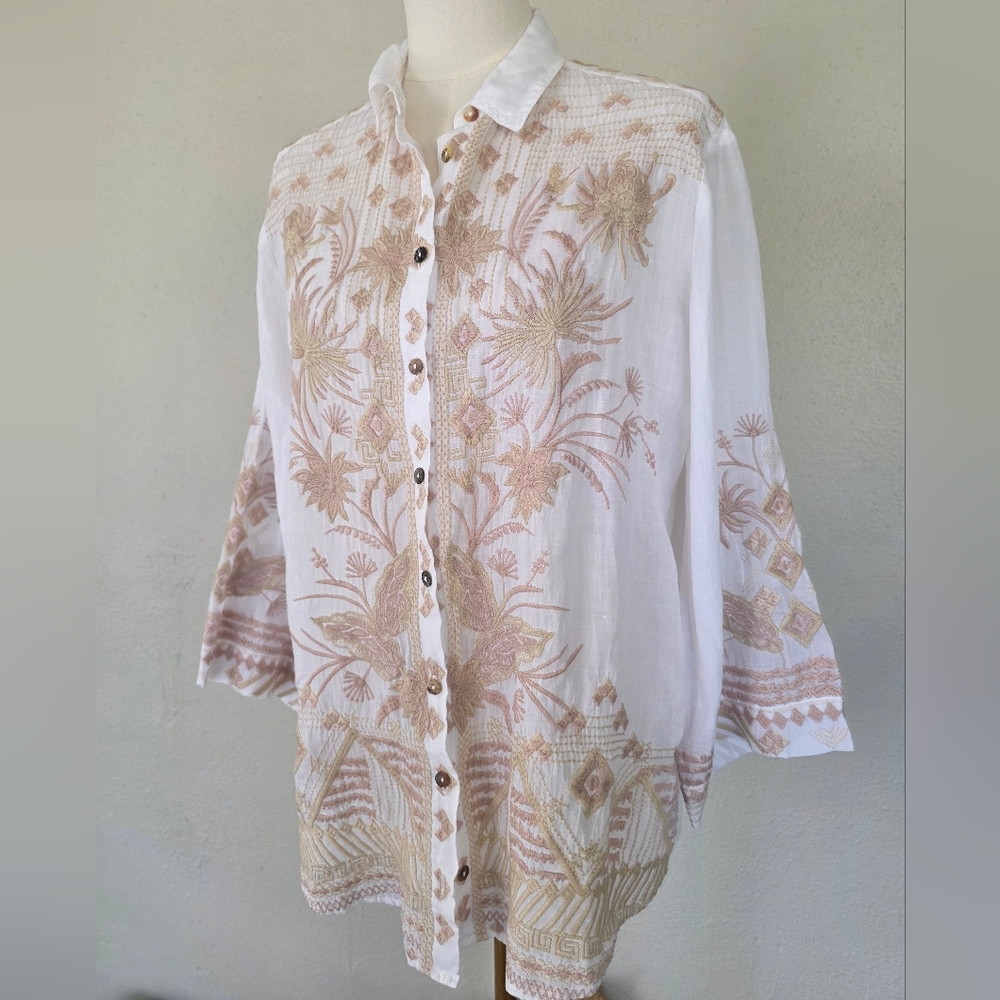 Johnny Was Talia Embroidered Ramie Blouse White Tonal Boho Bell Sleeve S - Picture 8 of 16